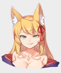 Rule 34 | 1girl, animal ear fluff, animal ears, bare shoulders, blonde hair, breasts, chest tattoo, cleavage, collarbone, commentary request, fox ears, fox girl, green eyes, grey background, hair ribbon, jingai modoki, large breasts, long hair, mon-musu quest!, red ribbon, ribbon, simple background, smile, solo, tamamo (mon-musu quest!), tattoo, upper body