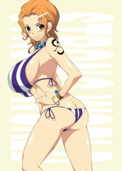 Rule 34 | 1girl, ass, backboob, bangle, bikini, blush, bracelet, breasts, brown eyes, butt crack, chiro (youkai tamanokoshi), forehead, from behind, hand on own hip, hip focus, huge breasts, jewelry, kneepits, large breasts, log pose, lowleg, lowleg bikini, nami (one piece), necklace, oil, one piece, one piece: strong world, orange hair, side-tie bikini bottom, sideboob, smile, solo, striped bikini, striped clothes, swimsuit, tattoo, thighs, vertical-striped bikini, vertical-striped clothes