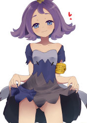 Rule 34 | :3, acerola (pokemon), armlet, bare shoulders, blue eyes, closed mouth, clothes lift, collarbone, commentary request, cowboy shot, creatures (company), dress, dress lift, elite four, female focus, flipped hair, game freak, gluteal fold, hair ornament, hairclip, heart, highres, lemonolemone, lifted by self, looking at viewer, multicolored clothes, multicolored dress, nintendo, no panties, off shoulder, partially visible vulva, pokemon, pokemon sm, purple hair, short hair, short sleeves, simple background, smile, solo, stitches, trial captain, white background