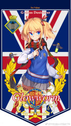 1girl blonde_hair blue_eyes bow buxiuhongxingshe_jintiantuopinlema closed_mouth cowboy_shot english_flag english_text flag_background french_flag fringe_trim grey_skirt hair_ribbon holding long_sleeves looking_at_viewer miniskirt plaid_clothes plaid_scarf pleated_skirt red_bow red_ribbon red_scarf ribbon scarf skirt smile solo standing striped_clothes striped_scarf sweater sweater_vest thighhighs twintails union_jack warship_girls_r watermark web_address weibo_logo weibo_watermark