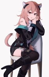 Rule 34 | 1girl, absurdres, animal ear fluff, animal ears, arknights, barcode, barcode tattoo, bare shoulders, black footwear, black thighhighs, boots, bracelet, brown eyes, brown hair, chair, gravel (arknights), highres, hinami047, infection monitor (arknights), jacket, jewelry, knee boots, long hair, long sleeves, looking at viewer, off shoulder, open clothes, open jacket, parted lips, shoulder tattoo, simple background, sitting, smile, solo, tail, tattoo, thighhighs, white background