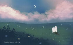 Rule 34 | :o, artist name, ayu (mog), blue flower, blush, blush stickers, cloud, cloudy sky, commentary, commentary request, crescent moon, english commentary, field, flower, grass, holding hands, looking at another, mixed-language commentary, moon, night, night sky, no humans, original, outdoors, rabbit, scenery, sky, solid circle eyes, standing, star (sky), starry sky, watermark, yellow flower