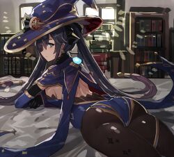 Rule 34 | 1girl, ass, black gloves, black hair, black pantyhose, blue capelet, blue eyes, blue hat, blue leotard, book, book stack, capelet, commentary request, genshin impact, gloves, hat, highres, indoors, leotard, long hair, looking at viewer, lying, mona (genshin impact), on stomach, pantyhose, solo, the olphy, thighs, twintails, very long hair, witch hat