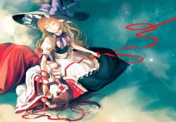 Rule 34 | 2girls, blonde hair, bow, braid, brown eyes, brown hair, detached sleeves, closed eyes, female focus, hair bow, hair tubes, hakurei reimu, hat, kayako (tdxxxk), kirisame marisa, long hair, multiple girls, ribbon, skirt, smile, touhou, yuri