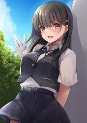 Rule 34 | absurdres, baban, black hair, black skirt, black vest, blue ribbon, forest, gloves, hair ornament, hairclip, hayashio (kancolle), highres, kantai collection, long hair, mole, mole under eye, nature, neck ribbon, open mouth, outdoors, pleated skirt, red eyes, ribbon, shirt, skirt, smile, vest, white gloves, white shirt