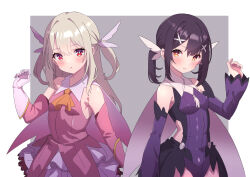 Rule 34 | 2girls, arm up, ascot, bare shoulders, black hair, black skirt, blush, border, breasts, bright pupils, cape, closed mouth, collared shirt, commentary request, detached sleeves, fate/kaleid liner prisma illya, fate (series), feather hair ornament, feathers, gloves, grey background, grey hair, hair ornament, illyasviel von einzbern, leotard, long hair, looking at viewer, magical girl, miyu edelfelt, multiple girls, orange ascot, outside border, pink gloves, pink shirt, pink sleeves, pon tanuki (ga7fsrge9jxblaw), prisma illya, purple cape, purple leotard, purple skirt, purple sleeves, red eyes, shirt, short twintails, showgirl skirt, sidelocks, skirt, sleeveless, sleeveless shirt, small breasts, smile, twintails, two side up, white border, white pupils, x hair ornament, yellow eyes