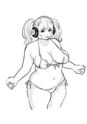 Rule 34 | 1girl, areola slip, artist request, bikini, blush, breasts, curvy, headphones, large breasts, lips, looking at viewer, monochrome, navel, nitroplus, plump, solo, source request, standing, super pochaco, swimsuit, thick thighs, thighs, twintails, wide hips