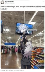 Rule 34 | 2boys, english text, closed eyes, fate/grand order, fate (series), formal, from behind, grey hair, house tag denim, kriemhild (fate), lifting person, long hair, meme, multiple boys, neon lights, parody, photo-referenced, real life insert, screen, sieg (fate), siegfried (fate), siegfried (super cool biz) (fate), suit, supermarket, tweet, twitter