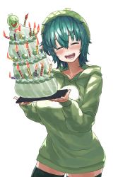 Rule 34 | 1girl, :d, absurdres, birthday cake, blush, breasts, cake, dot nose, facing viewer, food, green hair, green hat, green hoodie, green thighhighs, hair between eyes, hat, highres, holding, holding cake, holding food, holding tray, hood, hood down, hoodie, large breasts, long sleeves, medium hair, megame (okbnkn), open mouth, original, simple background, smile, solo, standing, thighhighs, tray, white background