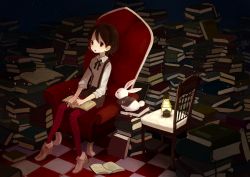Rule 34 | 1girl, :o, armchair, book, book stack, bow, bowtie, brown hair, chair, checkered floor, cross-laced footwear, dark, floor, highres, lantern, pantyhose under shorts, light particles, mituame, nail polish, open book, original, pantyhose, patterned legwear, polka dot, polka dot legwear, rabbit, reading, red eyes, red pantyhose, red upholstery, short hair, shorts, sitting, solo, strap slip, suspenders, too many, too many books, white upholstery