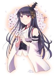 Rule 34 | 1girl, black hair, cherry blossoms, commentary request, commission, cropped torso, detached sleeves, flower, fusou (kancolle), hair ornament, headgear, japanese clothes, kantai collection, long hair, nao (nao eg), red eyes, skeb commission, solo, upper body, white background