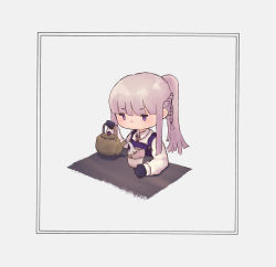 Rule 34 | absurdres, black gloves, blunt bangs, chibi, collared shirt, commentary request, cup, cup ramen, danganronpa: trigger happy havoc, danganronpa (series), gloves, green necktie, grey shirt, hand up, highres, holding, holding cup, kirigiri kyoko, long hair, mug, necktie, no mouth, pink hair, ponytail, purple eyes, shirt, simple background, solo, umare-tate no yomo, water, white background