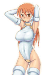 Rule 34 | 1girl, android, armpits, arms behind head, arms up, blush, bodysuit, breasts, covered erect nipples, covered navel, cowboy shot, crotch plate, empty eyes, hair between eyes, halterneck, highleg, highleg leotard, komusou (komusou1), large breasts, leotard, long hair, looking to the side, orange eyes, orange hair, outline, red hair, robot ears, serio (to heart), solo, standing, thighhighs, to heart, to heart (series), turtleneck, white thighhighs, yellow eyes