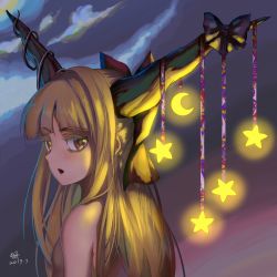 Rule 34 | 1girl, :o, absurdres, bare shoulders, bing (01969), blonde hair, blunt bangs, blush, bow, brown eyes, brown shirt, chinese commentary, cloud, commentary request, crescent, dated, from side, glowing, hair bow, highres, horn bow, horn ornament, horns, ibuki suika, long hair, looking at viewer, looking back, oni, oni horns, open mouth, purple bow, red bow, shirt, signature, sleeveless, sleeveless shirt, star (symbol), touhou, upper body