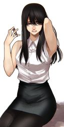 Rule 34 | 1girl, arm behind head, armpits, black hair, black skirt, blouse, brown pantyhose, closed mouth, collared shirt, eyeshadow, grey eyes, hair tie, hand up, highres, hoshi san 3, long sleeves, looking at viewer, makeup, miniskirt, mole, mole on armpit, mole under mouth, office lady, original, pantyhose, parted lips, pencil skirt, shirt, simple background, sitting, skirt, solo, tying hair, white background, white shirt, wing collar