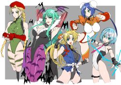 5girls animal_print arcana_heart bat_print black_leotard blue_eyes blue_hair braid cammy_white capcom chinese_clothes darkstalkers demon_girl demon_wings female_focus fingerless_gloves gloves green_eyes green_hair green_leotard hair_buns head_wings headband highleg highleg_leotard iwamoto_eiri japanese_clothes konami leotard martial_champion matching_hair/eyes mei-fang morrigan_aensland multiple_girls pantyhose purple_pantyhose racheal street_fighter street_fighter_ii trait_connection wings