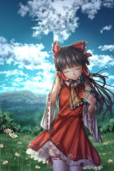Rule 34 | 1girl, arm up, ascot, bare shoulders, black hair, blue sky, blunt bangs, blurry, bow, closed eyes, cloud, commentary request, contrapposto, cowboy shot, daisy, day, depth of field, detached sleeves, digital media player, earbuds, earphones, facing viewer, flower, forest, grass, hair blowing, hair bow, hair tubes, hakurei reimu, hand in own hair, head tilt, highres, holding, ipod, legs together, light particles, mountain, nature, outdoors, petticoat, red skirt, red vest, ribbon-trimmed legwear, ribbon-trimmed sleeves, ribbon trim, shounen (hogehoge), skirt, skirt set, sky, smile, solo, standing, thighhighs, touhou, vest, white thighhighs, wind, wind lift, yellow ascot