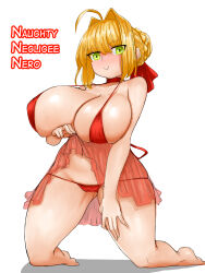 Rule 34 | 1girl, absurdres, ahoge, blonde hair, breasts, fate/extra, fate/extra ccc, fate/grand order, fate (series), green eyes, hair bun, hair intakes, highres, large breasts, lingerie, looking at viewer, nero claudius (fate), nero claudius (fate) (all), single hair bun, smile, steamingtofu, underwear, white background