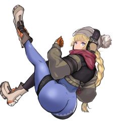 Rule 34 | 1girl, absurdres, ass, back, bad id, bad pixiv id, blonde hair, blue eyes, boots, braid, braided ponytail, brown jacket, closed mouth, girls&#039; frontline, gloves, grey headwear, headphones, highres, jacket, leggings, legs, legs up, long hair, looking at viewer, loveu, official alternate costume, orange gloves, red scarf, scarf, solo, spandex, thighs, vhs (girls&#039; frontline), vhs (keeper on page 8) (girls&#039; frontline), white background