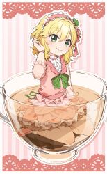 Rule 34 | 1girl, absurdres, blonde hair, center frills, closed mouth, cup, frilled hairband, frilled skirt, frills, full body, green eyes, hair between eyes, hairband, highres, idolmaster, idolmaster cinderella girls, in container, in cup, long sleeves, looking at viewer, mini person, minigirl, outline, partially submerged, pink footwear, pink hairband, pink skirt, pink vest, sakurai momoka, see-through, see-through sleeves, shirt, shoes, sitting, skirt, smile, socks, solo, striped, striped background, tea, teacup, vertical stripes, vest, wariza, white outline, white shirt, white socks, yukie (kusaka shi)