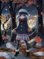 Rule 34 | 1girl, :o, alternate costume, ambiguous red liquid, animal ears, ankle boots, black footwear, black pantyhose, blue coat, blue hair, blue headwear, blue skirt, blurry, boots, breath, cloud, coat, commentary request, crescent print, depth of field, earclip, falling leaves, full body, gradient sky, highres, holding, kayon (touzoku), kine, leaf, looking at viewer, low twintails, mallet, medium hair, night, night sky, outdoors, pantyhose, rabbit ears, red eyes, red scarf, scarf, seiran (touhou), skirt, sky, sleeves past fingers, sleeves past wrists, snow, solo, standing, star (sky), star (symbol), star print, touhou, tree, twintails, winter clothes, winter coat