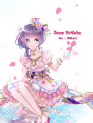 Rule 34 | 1girl, alternate hairstyle, anklet, aqua bow, artist name, artist request, back bow, bare legs, barefoot, barefoot sandals (jewelry), black hair, bow, bracelet, breasts, cherry blossom fairy (love live!), choker, collarbone, corset, dress, earrings, feet, female focus, floral print, flower, flower dress, flower print, frilled sleeves, frills, gem, gloves, gold bracelet, green eyes, highres, hoop earrings, japanese clothes, jewelry, kimono, kurosawa dia, lace, lace gloves, layered skirt, long hair, looking at viewer, love live!, love live! school idol festival, love live! school idol festival all stars, love live! sunshine!!, miniskirt, mole, mole under mouth, obi, pearl (gemstone), pink dress, pink flower, pink kimono, pink petals, pink skirt, plaid, plaid dress, plaid kimono, plaid skirt, platform footwear, pleated, pleated dress, pleated skirt, ribbon, ritsuka (pixiv45801498), ritsuka (rituka 0 0 9955), rituka, sash, short hair, short sleeves, sitting, skirt, small breasts, solo, white background, white gloves, white skirt, yellow bracelet, yellow choker