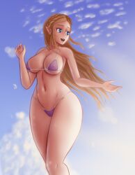 Rule 34 | 1girl, alternate breast size, bad tag, big breasts, bikini, blonde hair, blue eyes, breasts, breeze, cloud, colored nipples, completely nude, female, hair ornament, long hair, looking at another, nintendo, nude, princess zelda, purple bikini, pussy, red nipples, saf-404, safartwoks, safartworks, solo, swimsuit, tagme, the legend of zelda, thick thighs, thighs