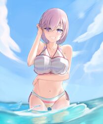 Rule 34 | 1girl, bare arms, bare shoulders, bikini, blue sky, blush, breasts, collarbone, fate/grand order, fate (series), gluteal fold, grin, hair over one eye, highres, large breasts, layered bikini, light purple hair, looking at viewer, maru039, mash kyrielight, mash kyrielight (swimsuit of perpetual summer ver.02), multicolored bikini, multicolored clothes, ocean, official alternate costume, purple eyes, purple hair, see-through, short hair, side-tie bikini bottom, sky, smile, solo, striped bikini, striped clothes, swimsuit, wading