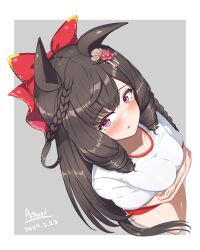 Rule 34 | 1girl, a.nori, absurdres, alternate costume, animal ears, black hair, bow, breasts, buruma, collarbone, commentary request, crossed arms, daiichi ruby (umamusume), drill hair, gym uniform, hair bow, hair ornament, highres, horse ears, horse tail, long hair, looking at viewer, medium breasts, purple eyes, simple background, solo, tail, umamusume