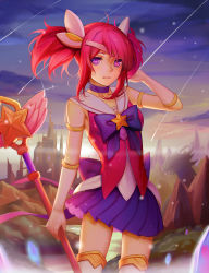 Rule 34 | 1girl, absurdres, ahoge, alternate costume, baron nashor, bow, choker, elbow gloves, gloves, groin, highres, holding, holding wand, league of legends, lux (league of legends), magical girl, miniskirt, parted lips, pink hair, pleated skirt, purple bow, purple choker, purple skirt, skirt, sonikey0 0, standing, star-shaped pupils, star (symbol), star guardian (league of legends), star guardian lux, symbol-shaped pupils, thighhighs, thighs, wand, white gloves, white thighhighs, wind