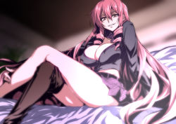 Rule 34 | 10s, 1girl, akuma no riddle, boots, breasts, cleavage, drill hair, grin, inukai isuke, large breasts, legs, crossed legs, long hair, looking at viewer, nakahira guy, pink hair, single shoe, smile, solo, thigh boots, thighhighs, thighs, very long hair