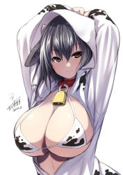 Rule 34 | 1girl, animal ears, animal print, arms behind head, bell, bikini, bikini under clothes, black hair, breasts, breasts out, brown eyes, cleavage, closed mouth, collar, cow ears, cow girl, cow horns, cow print, cowbell, dated, hair between eyes, hood, hood up, hooded jacket, hoodie, horns, huge breasts, jacket, long hair, looking at viewer, neck bell, original, print bikini, signature, simple background, smile, solo, string bikini, swimsuit, upper body, white background, yoshikawa hideaki, zipper