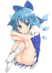 Rule 34 | 1girl, ass, blue dress, blue eyes, blue hair, blush, bow, cirno, daikon (tomohiro158), dress, full body, hair bow, ice, ice wings, matching hair/eyes, no panties, puffy short sleeves, puffy sleeves, shirt, short sleeves, simple background, smile, socks, solo, touhou, upskirt, white background, wings