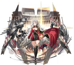 Rule 34 | 1girl, azur lane, belt, black dress, black footwear, boots, braid, breasts, cannon, cape, cleavage, closed mouth, corset, detached sleeves, dress, epaulettes, full body, gloves, gold trim, green cape, grey eyes, grey hair, high heel boots, high heels, highres, holding, holding sword, holding weapon, jacket, large breasts, long hair, long sleeves, looking at viewer, machinery, official art, red jacket, sheath, short dress, smile, sparkle, standing, sword, thigh boots, thighhighs, thighs, transparent background, turret, vittorio veneto (azur lane), weapon, white gloves, yunsang