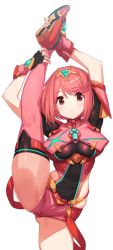 Rule 34 | 1girl, black gloves, blush, breasts, chest jewel, earrings, fingerless gloves, gloves, green322, jewelry, large breasts, leg up, looking at viewer, pyra (xenoblade), red eyes, red hair, red shorts, red thighhighs, short hair, short shorts, shorts, simple background, smile, split, standing, standing on one leg, standing split, swept bangs, thighhighs, tiara, xenoblade chronicles (series), xenoblade chronicles 2