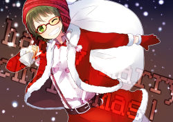 Rule 34 | 1girl, bad id, bad pixiv id, blush, bow, bowtie, christmas, english text, engrish text, glasses, gloves, green eyes, green hair, grin, gumi, hat, matching hair/eyes, one eye closed, pantyhose, pun2, ranguage, sack, santa costume, skirt, smile, snow, solo, suspenders, vocaloid, white pantyhose, wink
