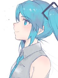 Rule 34 | 1girl, bare shoulders, blue eyes, blue hair, blue necktie, closed mouth, collared shirt, commentary, from side, grey shirt, hatsune miku, heremia, highres, long hair, looking away, necktie, shirt, simple background, sketch, sleeveless, sleeveless shirt, smile, solo, twintails, vocaloid, white background