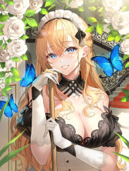Rule 34 | 1girl, bare shoulders, black collar, black ribbon, blonde hair, blue butterfly, blue eyes, blush, breasts, bug, butterfly, cleavage, collar, crossed bangs, detached collar, elbow gloves, flower, frilled sleeves, frills, gloves, grin, hair ribbon, highres, holding, insect, lace trim, large breasts, leaf, looking at viewer, maid headdress, off-shoulder shirt, off shoulder, okuma mai, original, parted lips, puffy sleeves, ribbon, rose, shirt, short sleeves, sidelocks, smile, solo, stairs, teeth, upper body, white flower, white gloves, white rose