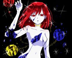 Rule 34 | 1girl, arm up, black background, breasts, broken, broken arm, broken glass, chain, cinnabar (houseki no kuni), clenched hand, collar, collarbone, colored eyelashes, colored skin, commentary request, completely nude, earth (ornament), fuwafurin, gem, glass, hair between eyes, hand up, hecatia lapislazuli, houseki no kuni, looking at viewer, medium breasts, moon (ornament), navel, no headwear, nude, parted lips, pointy ears, red eyes, red hair, short hair, simple background, solo, sparkle, stomach, touhou, upper body, white skin