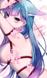 Rule 34 | 1girl, animal ear fluff, animal ears, arms up, bdsm, blue hair, breasts, character name, check copyright, commentary, commission, copyright request, covered mouth, english commentary, extra ears, eyelashes, flower, from side, hair behind ear, highres, hk45 x, indie virtual youtuber, large breasts, long hair, looking at viewer, looking to the side, melibellule (vtuber), mole, mole under eye, multicolored hair, nude, out-of-frame censoring, pink flower, purple eyes, purple hair, rope, second-party source, signature, solo, straight hair, two-tone hair, upper body, virtual youtuber, white background, wolf ears, wolf girl