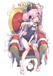 Rule 34 | 1girl, absurdres, animal ears, armpits, blue one-piece swimsuit, borrowed character, chair, cloak, crown, double bun, fukutchi, fur trim, hair bun, highres, legs, long hair, looking at viewer, name tag, old school swimsuit, one-piece swimsuit, open mouth, original, outstretched arm, pink eyes, pink hair, rabbit ears, rabbit girl, rabbit tail, red cloak, school swimsuit, shoes, sitting, smile, swimsuit, swimsuit under clothes, tail, thighs, throne, twintails, v, very long hair, white footwear