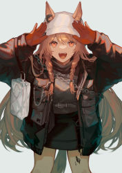 Rule 34 | 1girl, :d, absurdres, arknights, black jacket, black shirt, braid, brown hair, ceobe (arknights), ceobe (unfettered) (arknights), ears through headwear, fangs, feet up, grey background, hands up, happy, hat, highres, jacket, long hair, long sleeves, looking at viewer, material growth, miike (992058), official alternate costume, open clothes, open jacket, open mouth, orange eyes, oripathy lesion (arknights), shirt, side braids, simple background, smile, solo, teeth, upper teeth only, very long hair, white hat