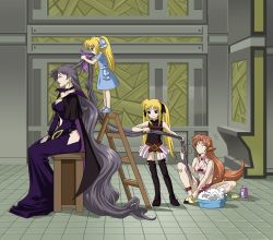 Rule 34 | 00s, 4girls, absurdly long hair, alicia testarossa, animal ears, arf, black legwear, blonde hair, breasts, brushing hair, cape, cleavage, closed eyes, comb, dress, earrings, fate testarossa, fate testarossa (movie 1st form), foam, hair ornament, hair ribbon, hairclip, highres, hip vent, jewelry, ladder, lipstick, long dress, long hair, lyrical nanoha, mahou shoujo lyrical nanoha, makeup, midriff, mother and daughter, multiple girls, precia-t, presea testarossa, purple hair, purple lips, red eyes, red hair, ribbon, sandals, shampoo, siblings, sisters, sitting, skirt, tail, thighhighs, twintails, very long hair, wolf ears, wolf tail