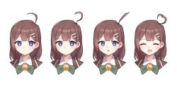 Rule 34 | 1girl, ahoge, blush, bow, bowtie, brown coat, brown hair, closed mouth, coat, collared shirt, expressive hair, green bow, green bowtie, hair ornament, hairclip, heart, heart ahoge, highres, hod (project moon), library of ruina, love mintchoco, medium hair, multiple views, open mouth, project moon, shirt, simple background, smile, white background, white shirt