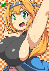 Rule 34 | 1girl, armpits, arms up, blonde hair, breasts, checkered background, green eyes, huge breasts, kani club, long hair, open mouth, orange hair, original, sideboob, solo, v