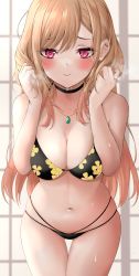 Rule 34 | 1girl, absurdres, barbell piercing, bikini, black bikini, black choker, blonde hair, blush, breasts, breath, choker, cleavage, closed mouth, commentary, ear piercing, earrings, floral print, gold necklace, hands in hair, heart, heart-shaped pupils, highres, industrial piercing, jewelry, kitagawa marin, large breasts, lds (dstwins97), long hair, looking at viewer, navel, necklace, piercing, print bikini, raised eyebrows, red eyes, revision, ring, skindentation, solo, sono bisque doll wa koi wo suru, stomach, sweat, swept bangs, swimsuit, symbol-shaped pupils, thigh gap, wavy mouth