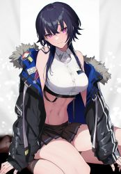 Rule 34 | 1girl, bare shoulders, black hair, black jacket, black skirt, black socks, breasts, buttons, closed mouth, collared shirt, commission, crop top, ear piercing, eyebrows hidden by hair, fur-trimmed jacket, fur trim, highres, ichinose uruha, impossible clothes, jacket, large breasts, long hair, long sleeves, looking at viewer, lupinus virtual games, midriff, miniskirt, multicolored hair, navel, navel piercing, no shoes, off shoulder, open clothes, open jacket, piercing, pink hair, shirt, skeb commission, skirt, sleeveless, sleeveless shirt, sleeves past wrists, smile, socks, solo, stomach, streaked hair, virtual youtuber, vspo!, wakahiko, white shirt