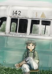 Rule 34 | 1girl, 5afvb, abandoned, black eyes, black hair, blush stickers, boots, brown footwear, bus, chito (shoujo shuumatsu ryokou), chris mccandless, chris mccandless (cosplay), closed mouth, collared shirt, commentary request, cosplay, day, denim, figure four sitting, foot out of frame, grass, green shirt, hair over shoulder, highres, into the wild, jeans, knee boots, long hair, long sleeves, looking at viewer, low twintails, motor vehicle, on chair, outdoors, pants, parody, photo-referenced, plaid, plaid shirt, shirt, shoujo shuumatsu ryokou, sitting, smile, solo, twintails