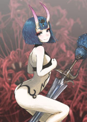 Rule 34 | 1girl, arched back, black eyes, blue hair, blurry, bob cut, depth of field, eyeliner, fate/grand order, fate (series), from side, highres, horns, looking at viewer, makeup, nito (nshtntr), revealing clothes, short hair, shuten douji (fate), skin-covered horns, smile, solo, sword, weapon