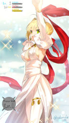 Rule 34 | 1girl, ahoge, akamakoto, bare shoulders, blonde hair, blush, bracelet, braid, breasts, cleavage, collarbone, dress, earrings, fate/extra, fate (series), french braid, green eyes, hair between eyes, hair bun, hair intakes, hand up, heroic spirit formal dress, jewelry, large breasts, long hair, looking back, medium breasts, necklace, nero claudius (fate), nero claudius (fate) (all), nero claudius (fate/extra), nero claudius (formal dress) (fate), official alternate costume, open mouth, sideboob, single hair bun, smile, solo, sparkle, thighlet, thighs, white dress